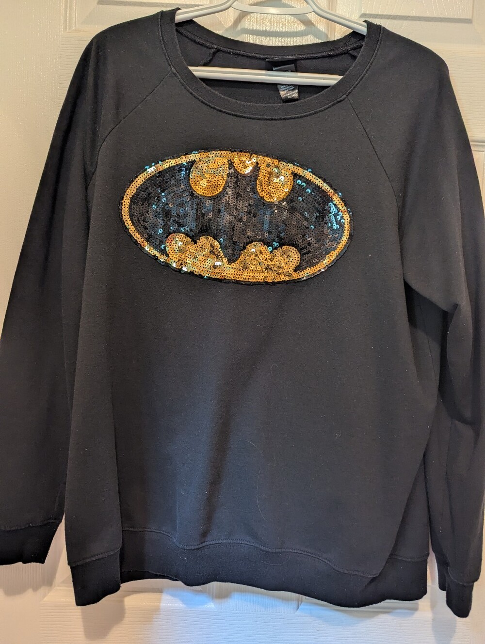 DC Comics Black Crewneck Sweatshirt with Gold Sequin Bat Emblem